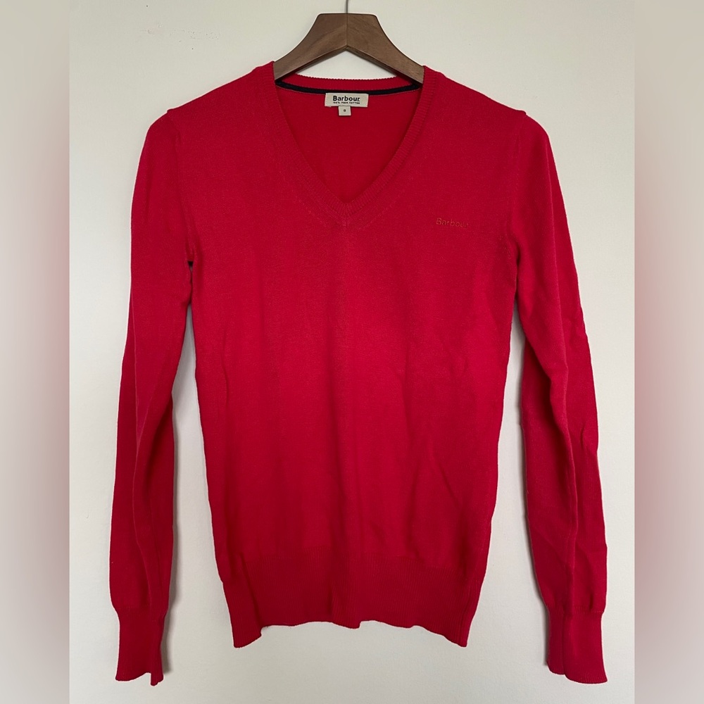 BARBOR 🇬🇧 Pima Cotton V-Neck Cardigan Sweater in Color Poppy Red, Size 8